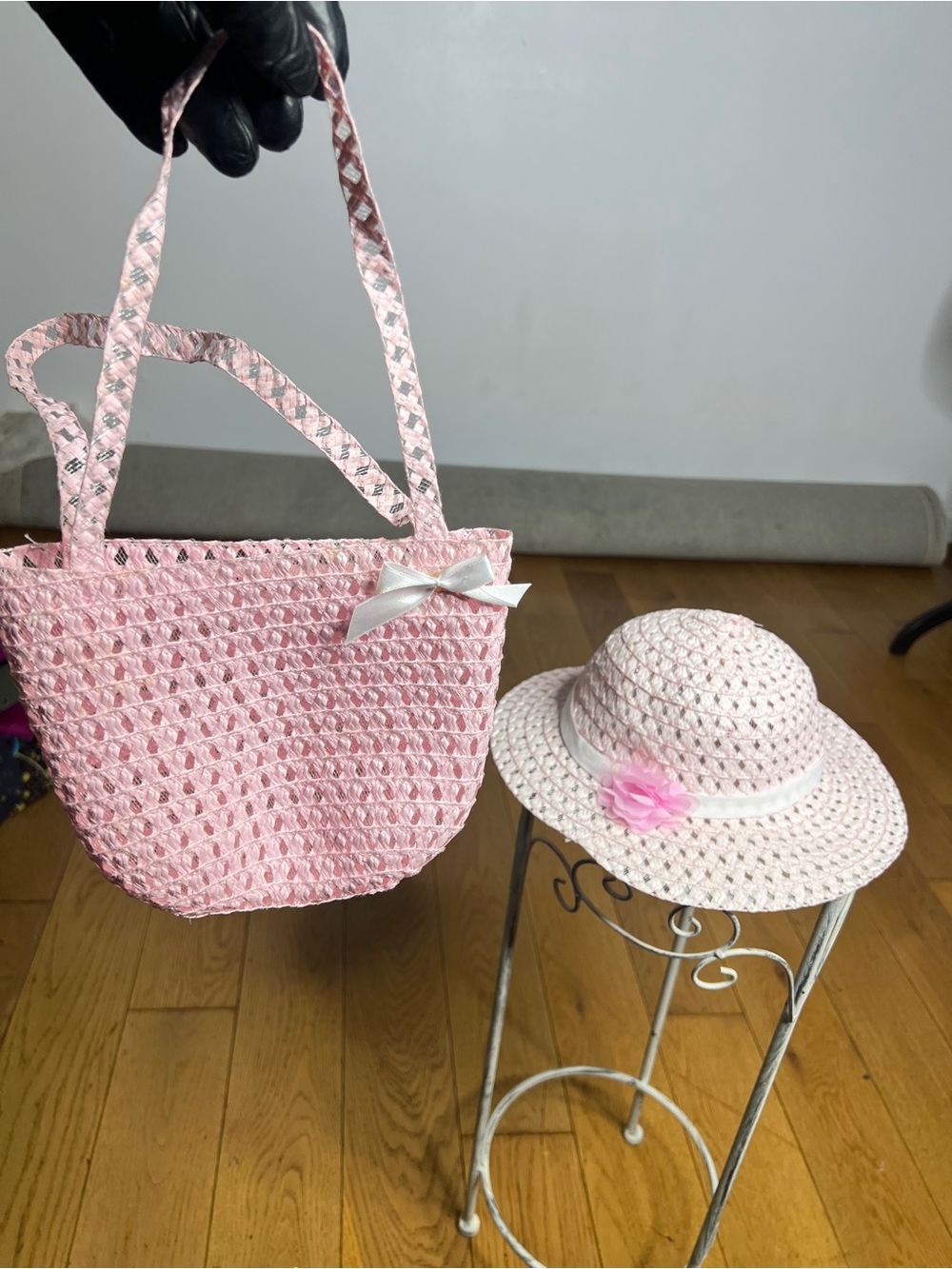 Pink Crochet Tote Bag and hat with Bow
